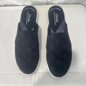 Clarks Cloudsteppers Canvas Slip-on Mules Breeze Shore Black Floral Size 7.5